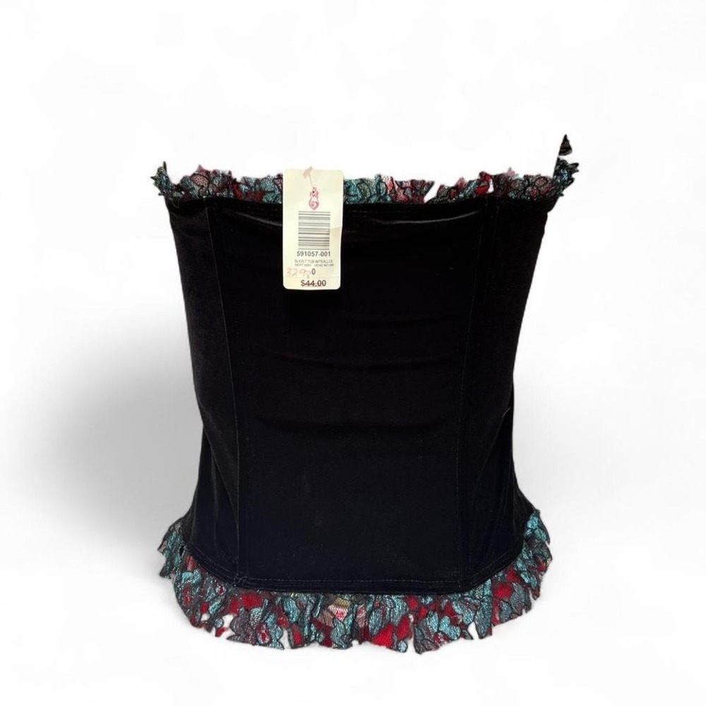 Vintage Y2K Torrid Black Velvet Corset Top Blue & Black Lace Ruffle Trim - Picture 3 of 7